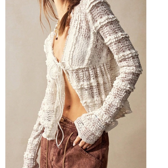 Boho Lace Front Tie Babydoll Long Sleeve Semi Sheer Blouse - Picture 2 of 6